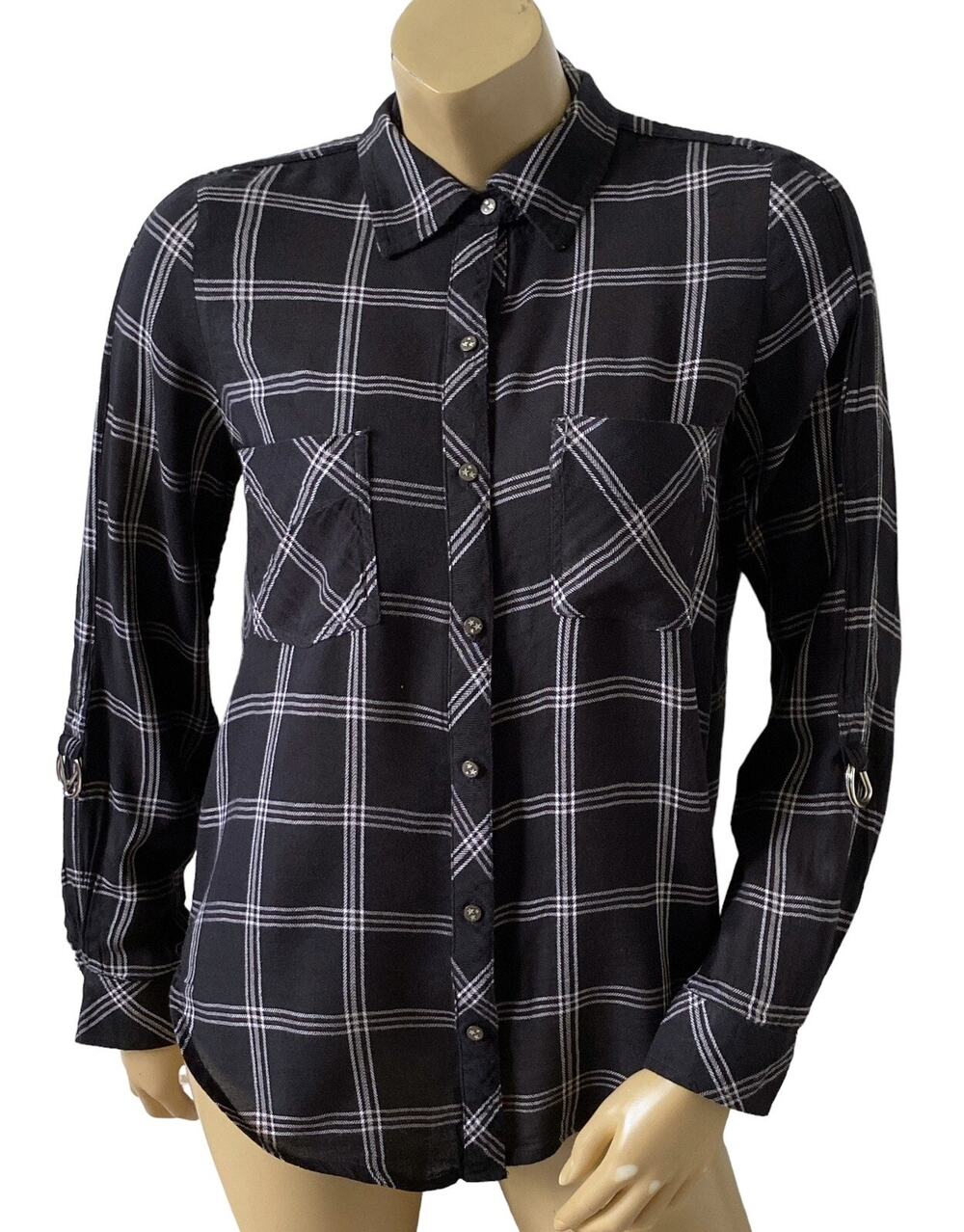 William Rast Shirt Womens M Plaid Button Up Short Convertible Sleeve Black White